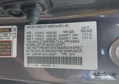 2017 Honda Cr-V Lx z USA, uszkodzony, nr VIN 5J6RW5H33HL005361